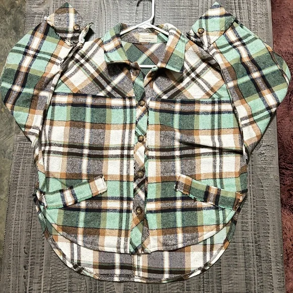 Women's Plaid Button-Down Shirt - Green, Brown, White - Picture 1 of 12